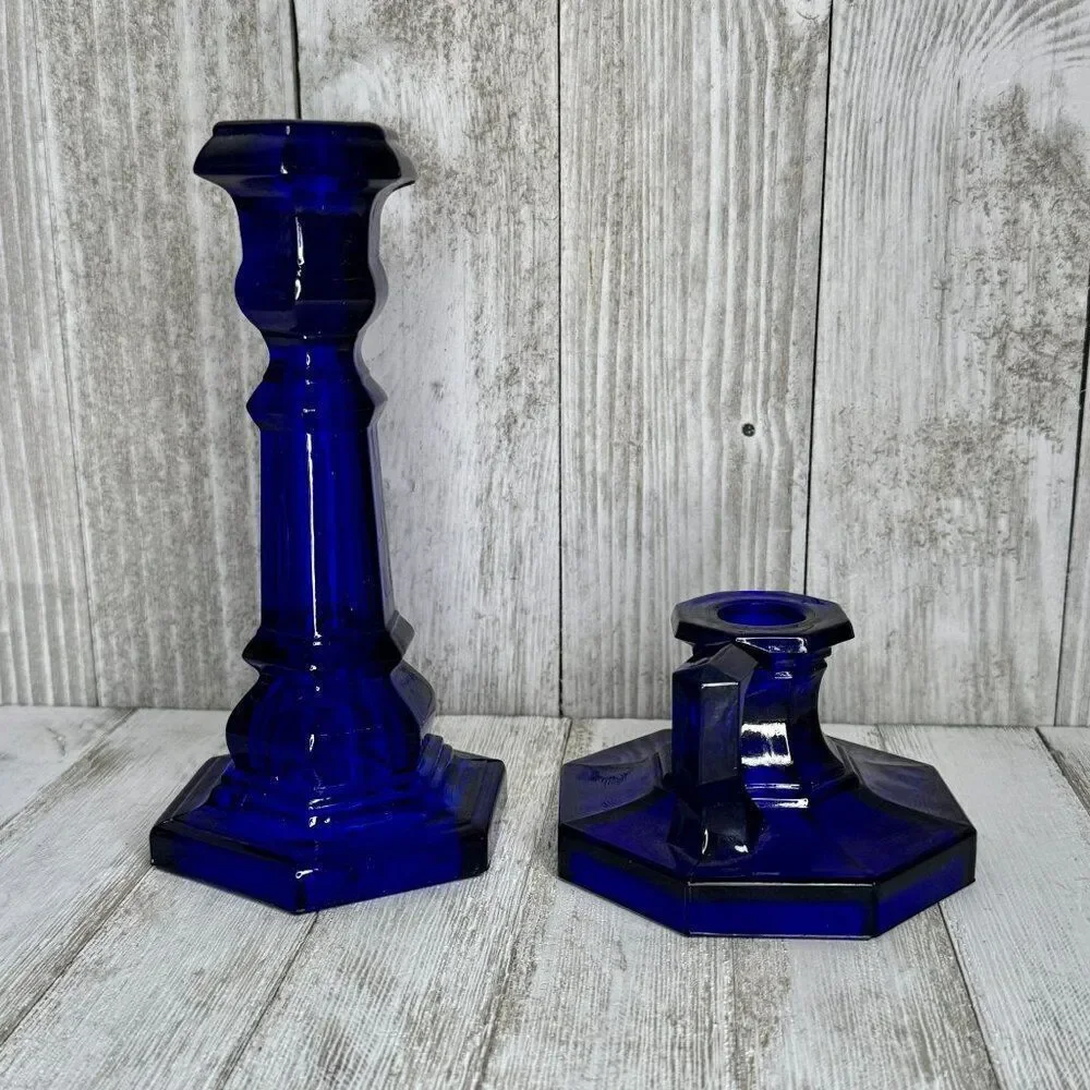 Vintage Cobalt Blue Glass Candle Holders Set of Two